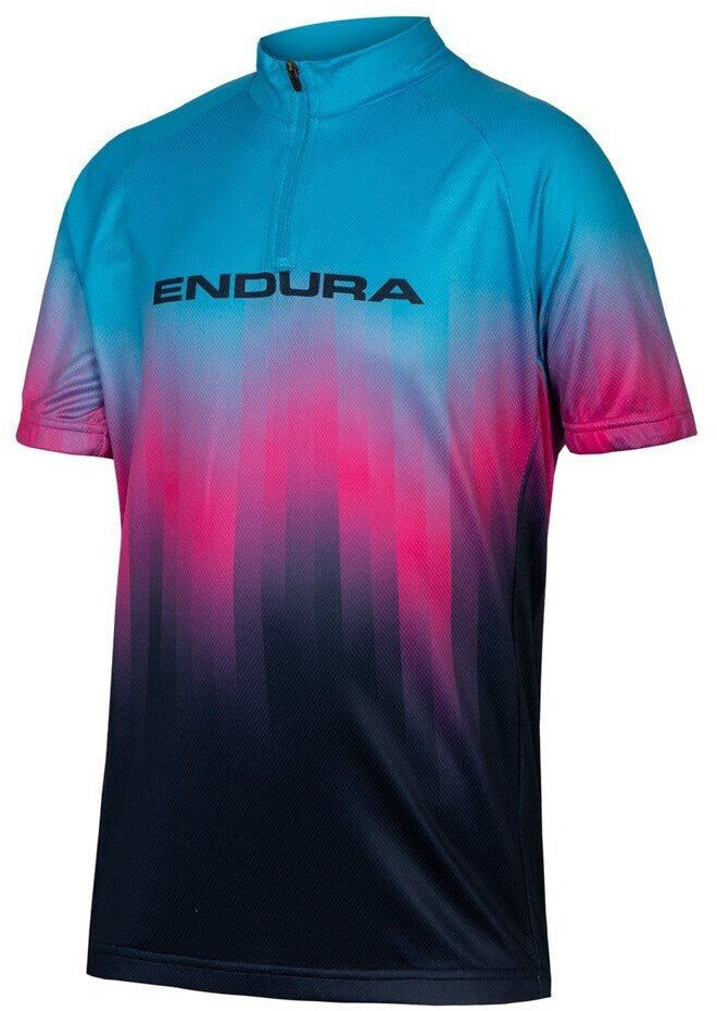 Gradient blue to pink cycling jersey with 'Endura' branding on a white background