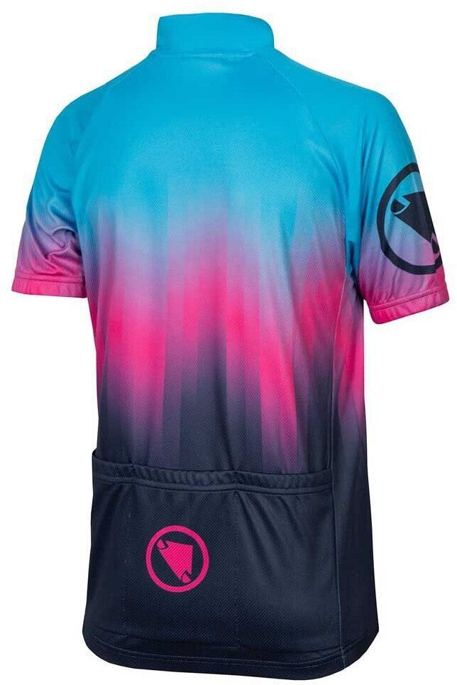 Gradient blue, pink, and black cycling jersey with a logo on a white background